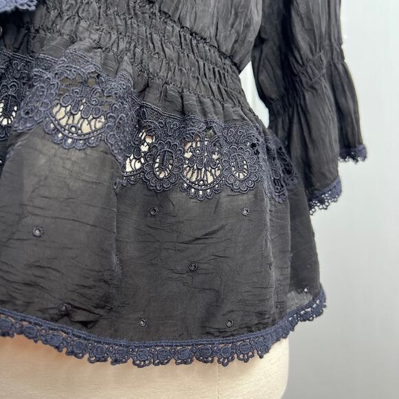 JohnnyWas Women's Sheer Blouse Black Lace Ruffle Neckline Button Down Size Small - Picture 8 of 16